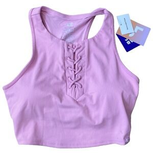 JoyLab M Medium BonBon Pink Lace Detail Ribbed Cropped Sports Tank JL Activewear